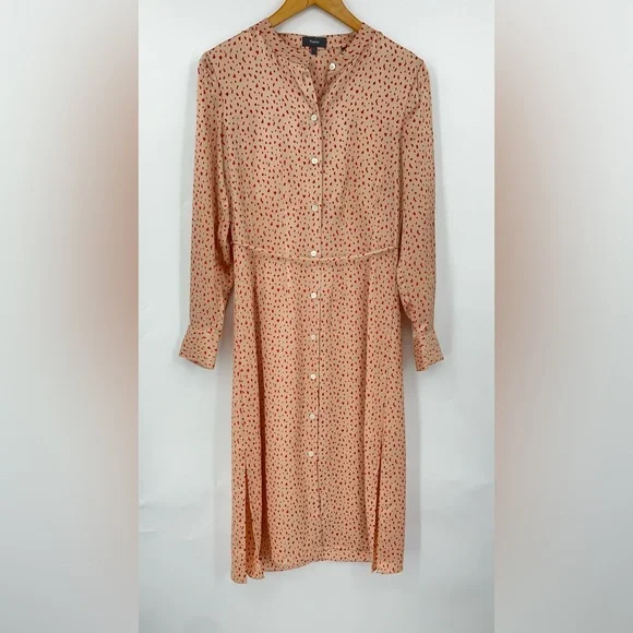 Theory | Dresses | Theory 2 Silk Midi Shirt Dress Belted Tan 382 Red Dot  Beige | Poshmark
